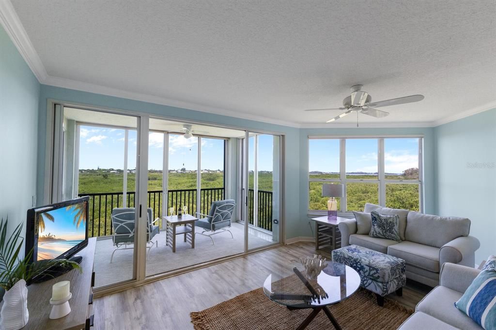 Westerly view from living room overlooking mangroves and downtown Sarasota to the right