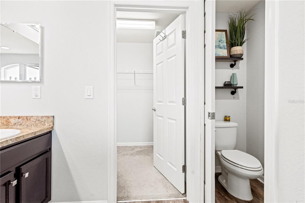 En-suite primary bathroom with view of water closet and walk-in closet