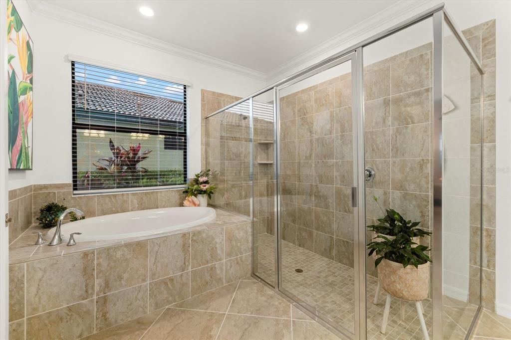 Expansive Tiled Shower and Garden Tub