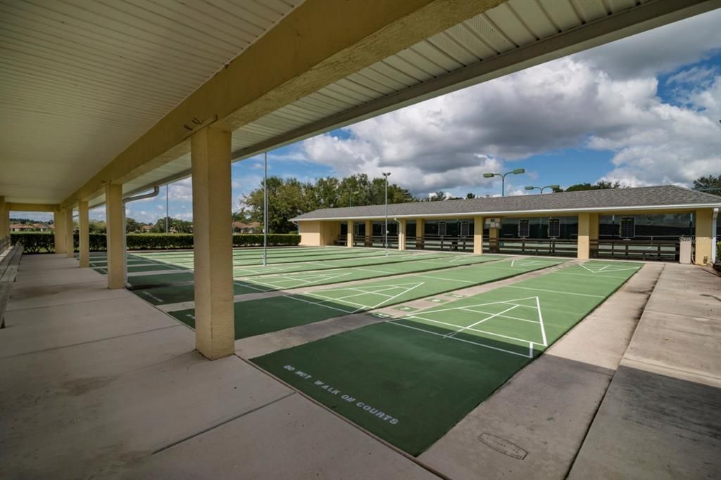 The main clubhouse bowling center has automatic scoring, house ball and shoes. Bowling is free for residents.