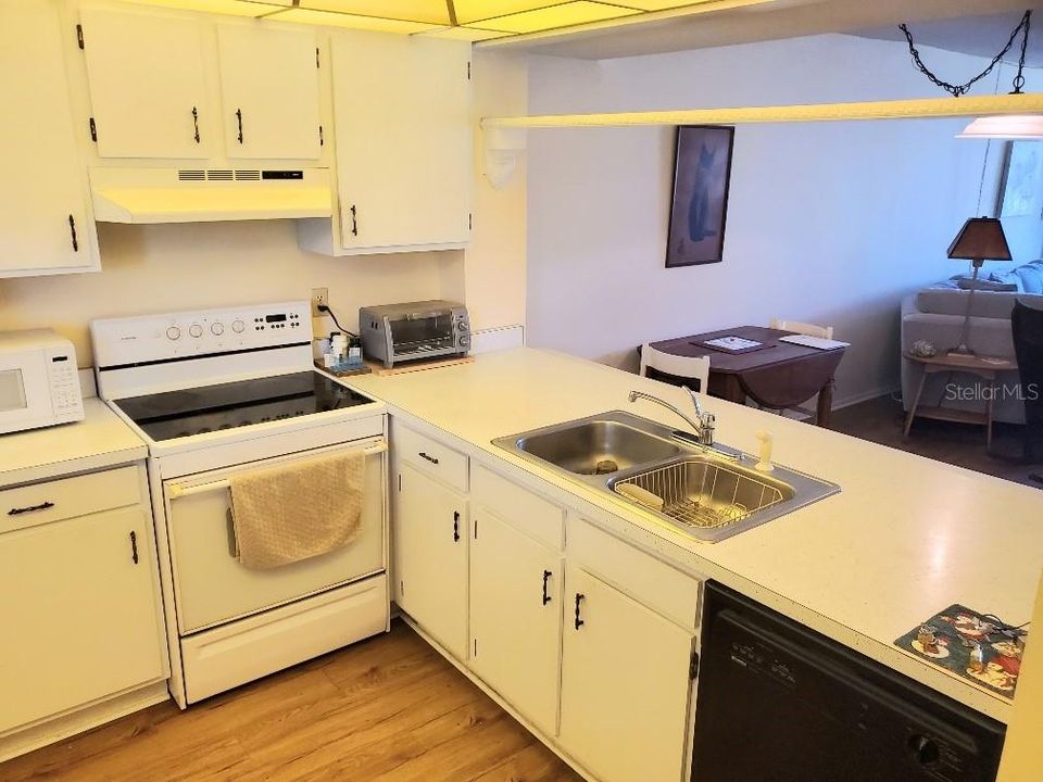 Kitchen overlooks into the dining & livingroom