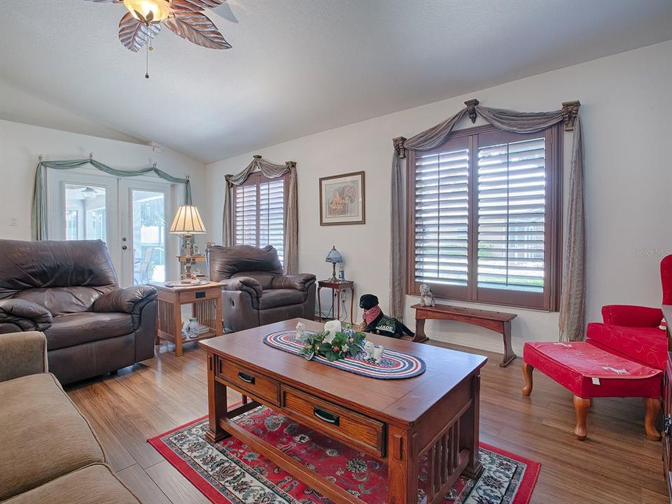 Family room overlooking back patio view