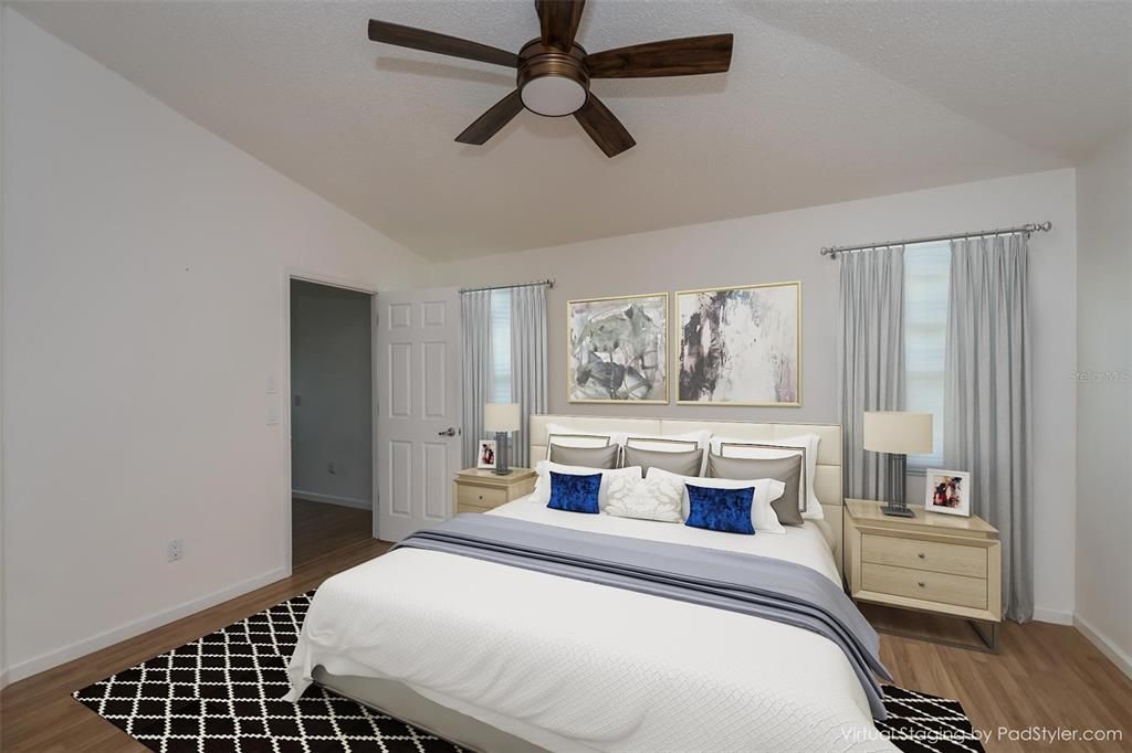 Primary bedroom ensuite with cathedral ceiling