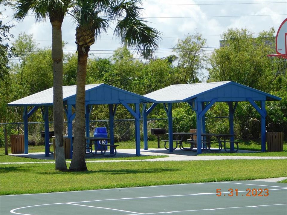 Covered pavilions at the park around the corner