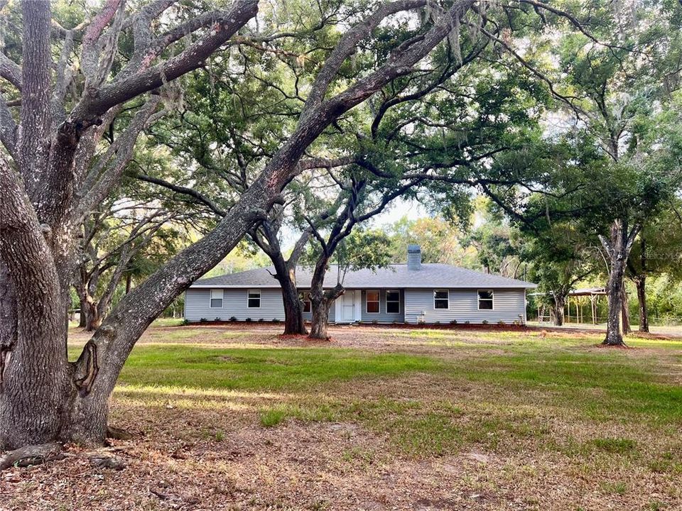 Front of home with mature oaks