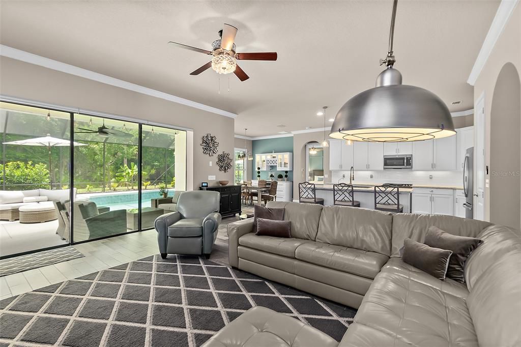 Family Living Room w/Volume Ceilings & Crown Molding