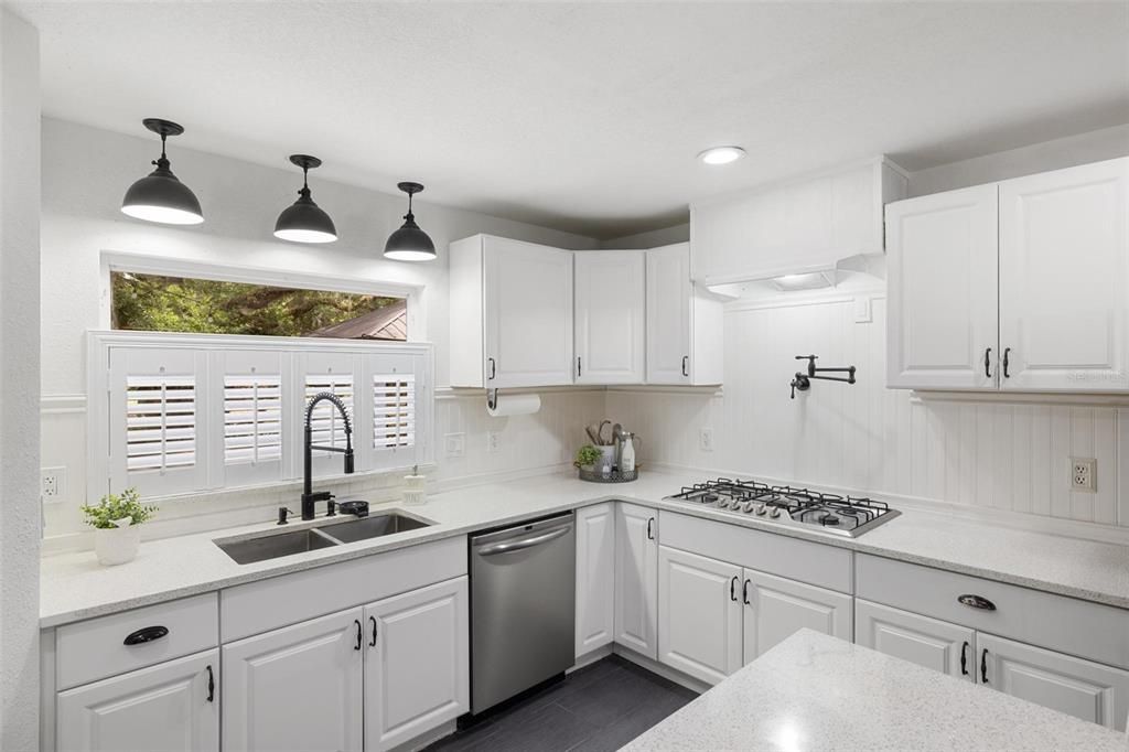 Farmhouse sink, pot filler over stove