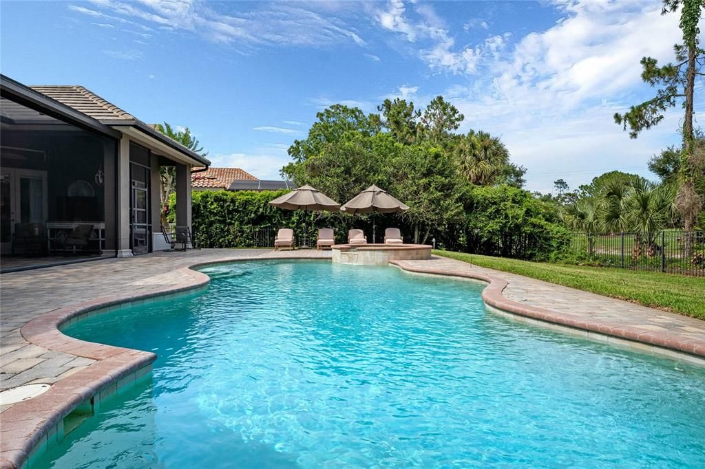 Take a dip in the sparkling saltwater pool, surrounded by lush landscaping.