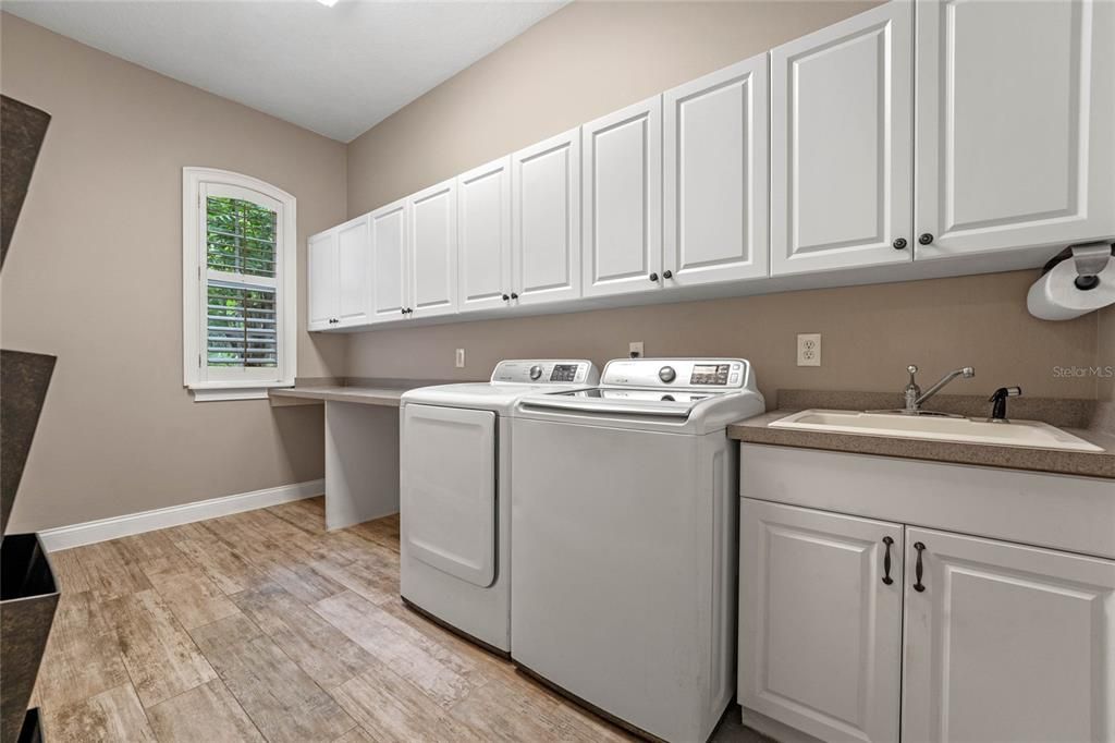 The well-appointed laundry room features extensive cabinetry, a utility sink, and modern appliances for efficient household management.