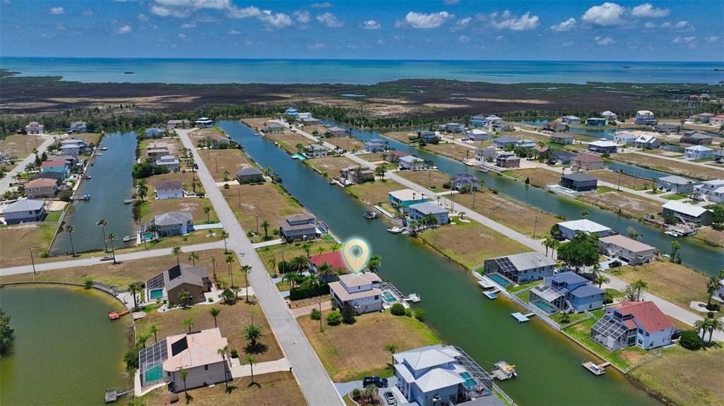 Aerial view canals to Gulf of Mexico.