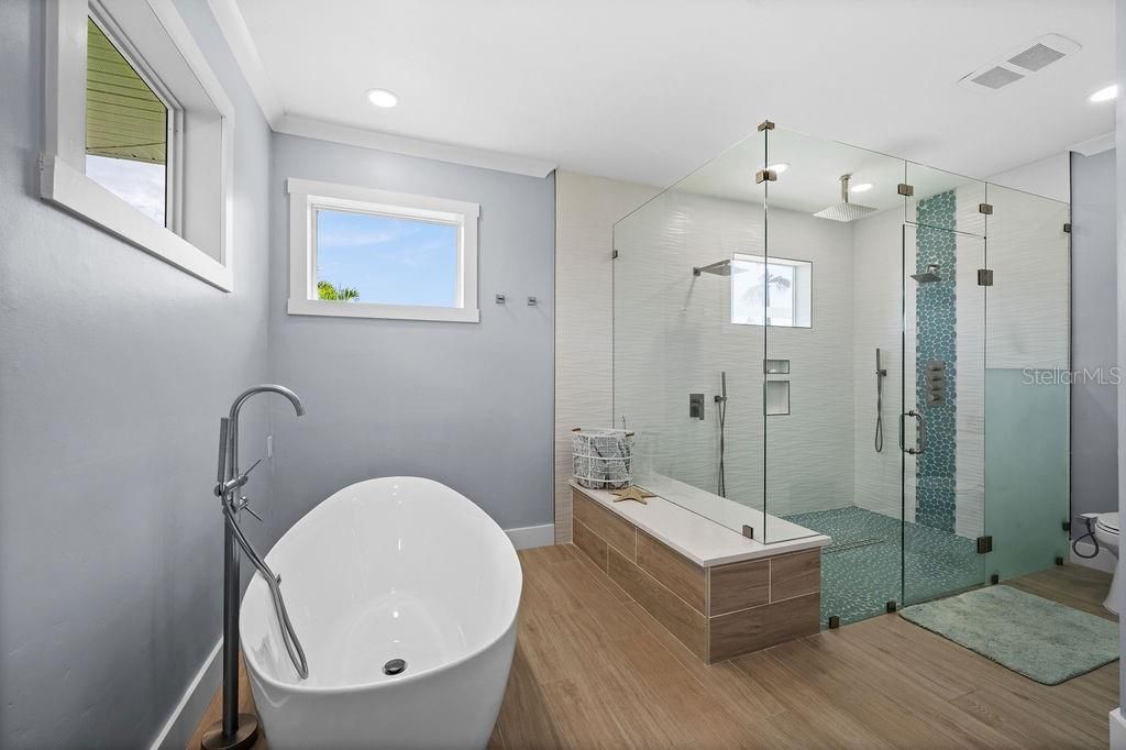 Master bath with separate tub and glass wall shower