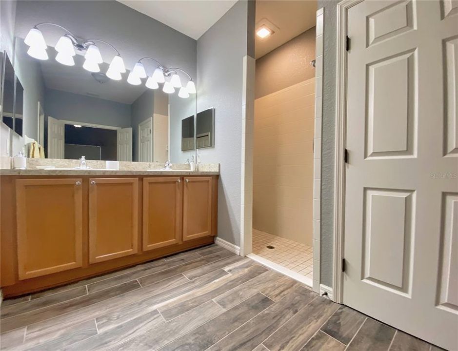 Comfort Height Vanity with Dual Sink Vanity. Walk In Shower