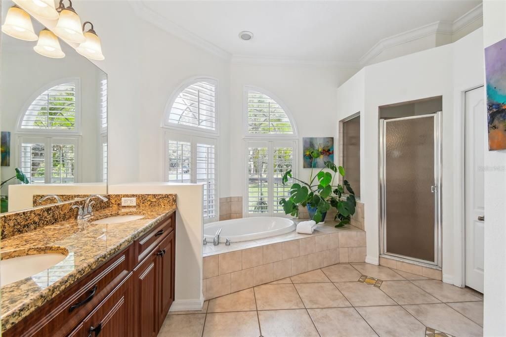 Light and bright master bathroom with soaking tub and separate shower area and dual sinks.