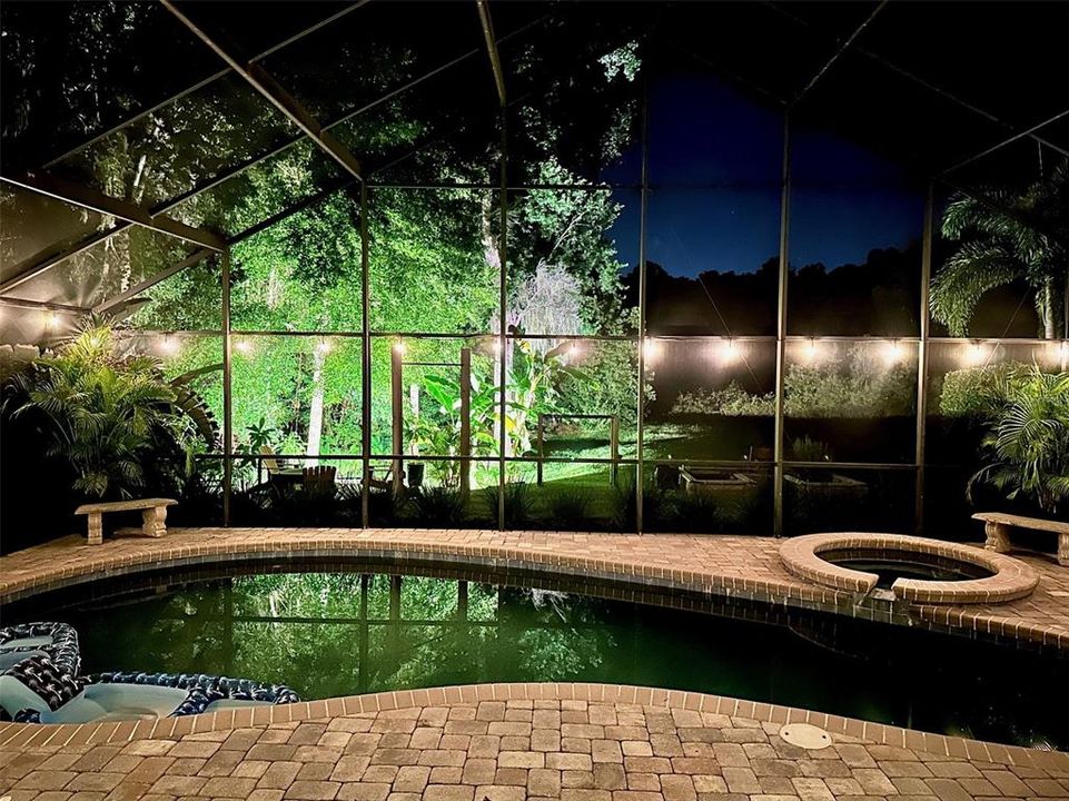 Night time Pool Photos showing lights on the screen enclosed patio