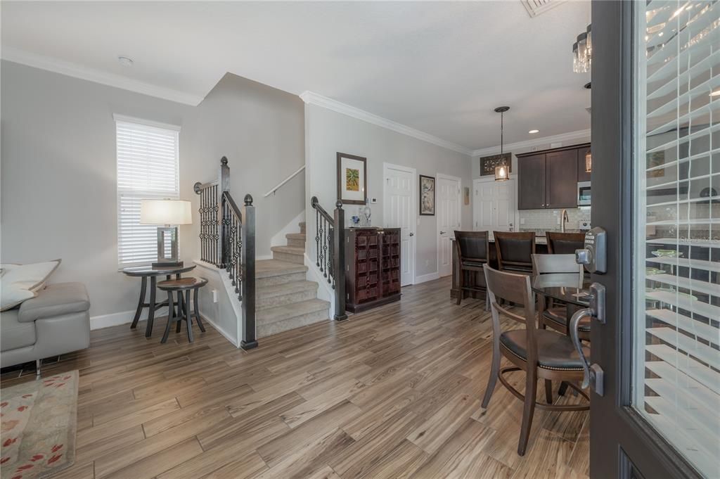 Entryway to open floor plan living spaces