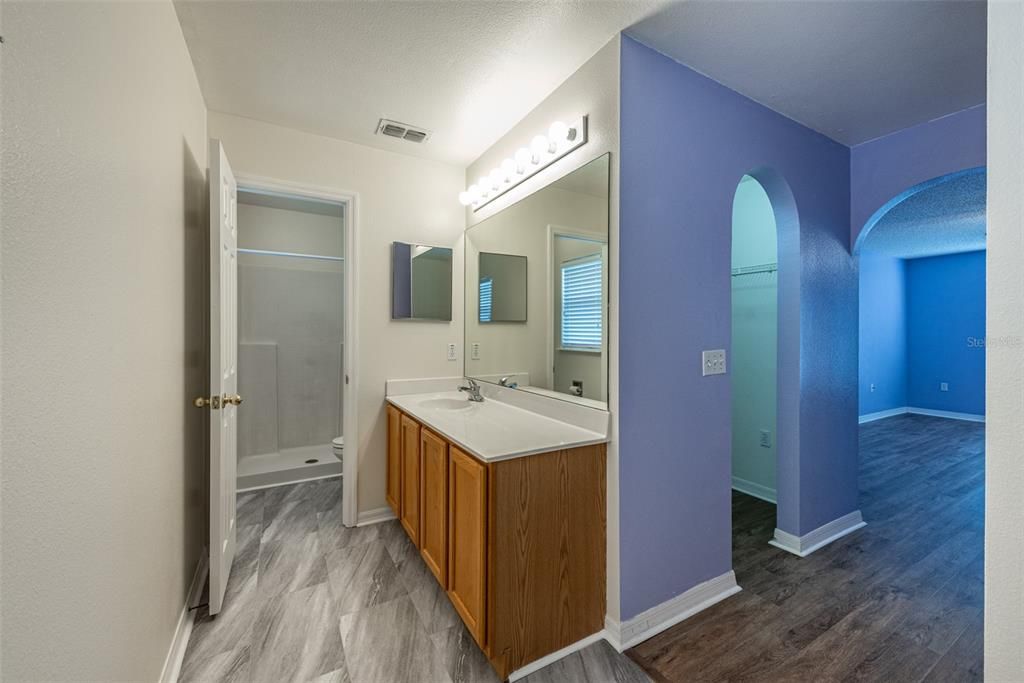 View of 1 of 2 walk-in closets in the primary suite with an arched doorway and the vanity, separate shower & W/C in the primary bathroom.