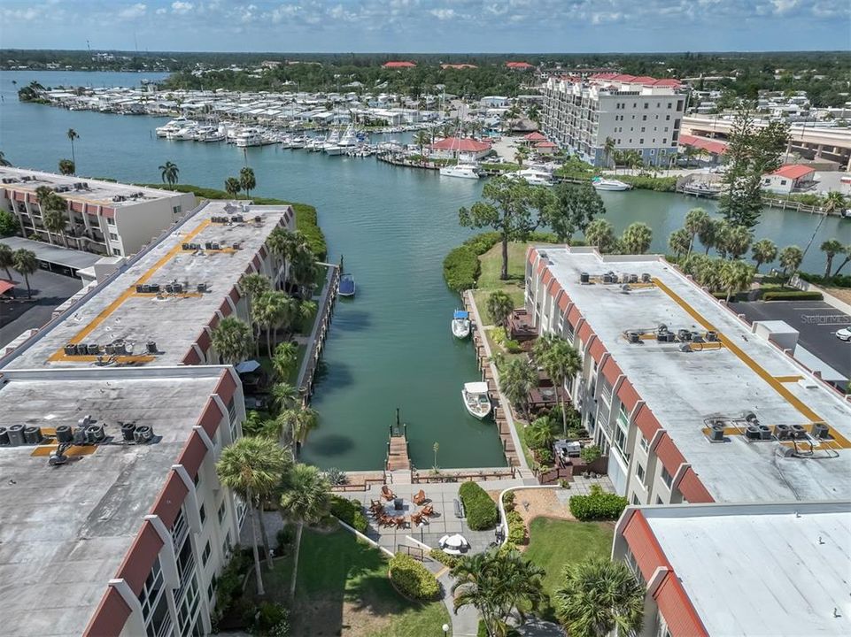 Aerial View Behind Building, Fire Pit and dock