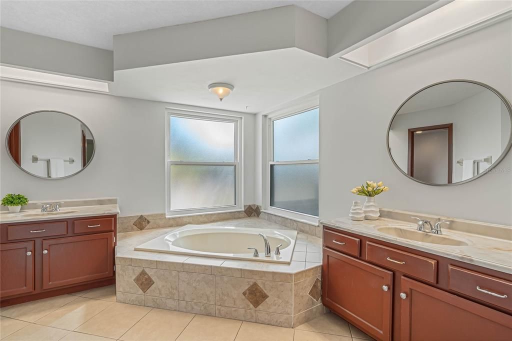 Ground Floor Primary Bathroom Dual vanities large soaking tub and separate walk-in Shower & Closet