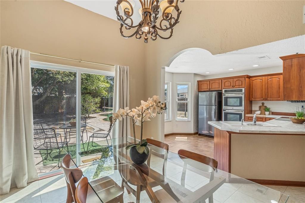 Living Area has soaring Ceilings and Fireplace