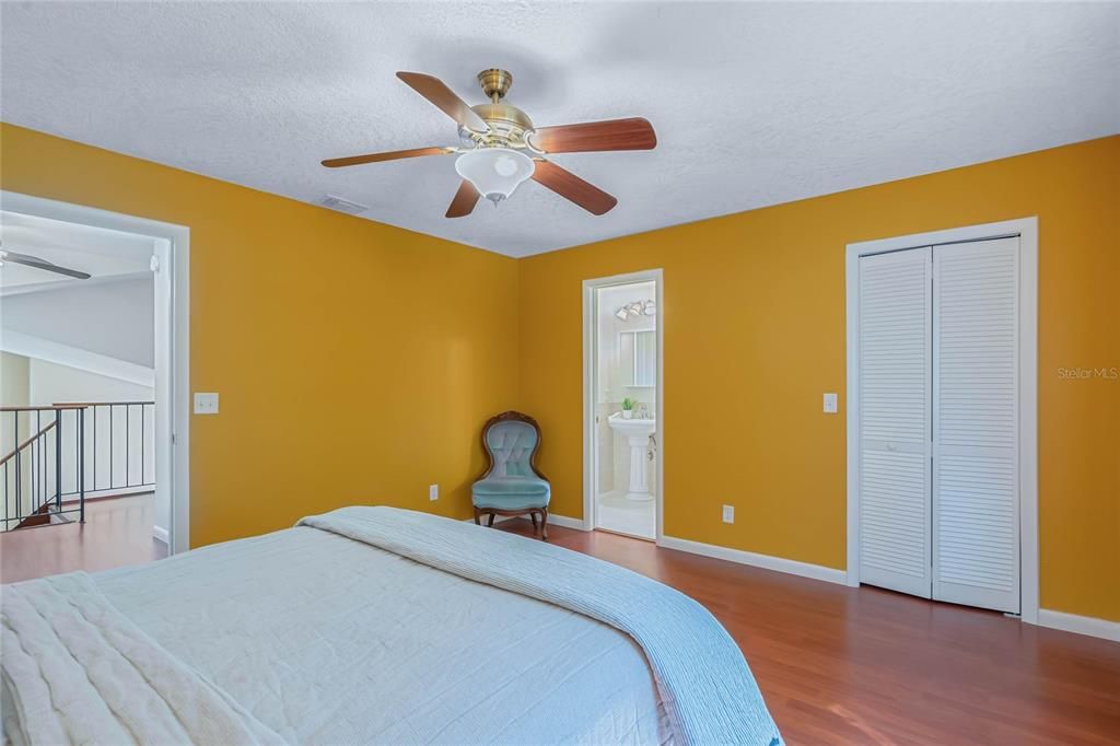 Primary Bathroom with Double Vanity and large soaking tub with lots of private but natural light