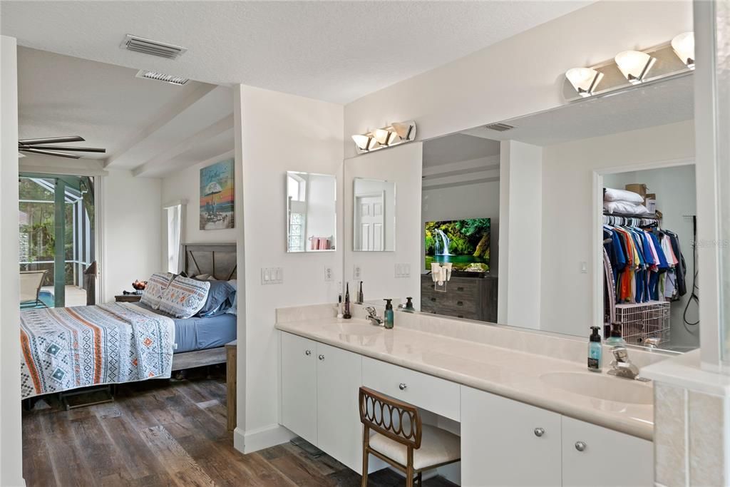 Master bath with double vanity, garden tub and walk in shower stand alone shower