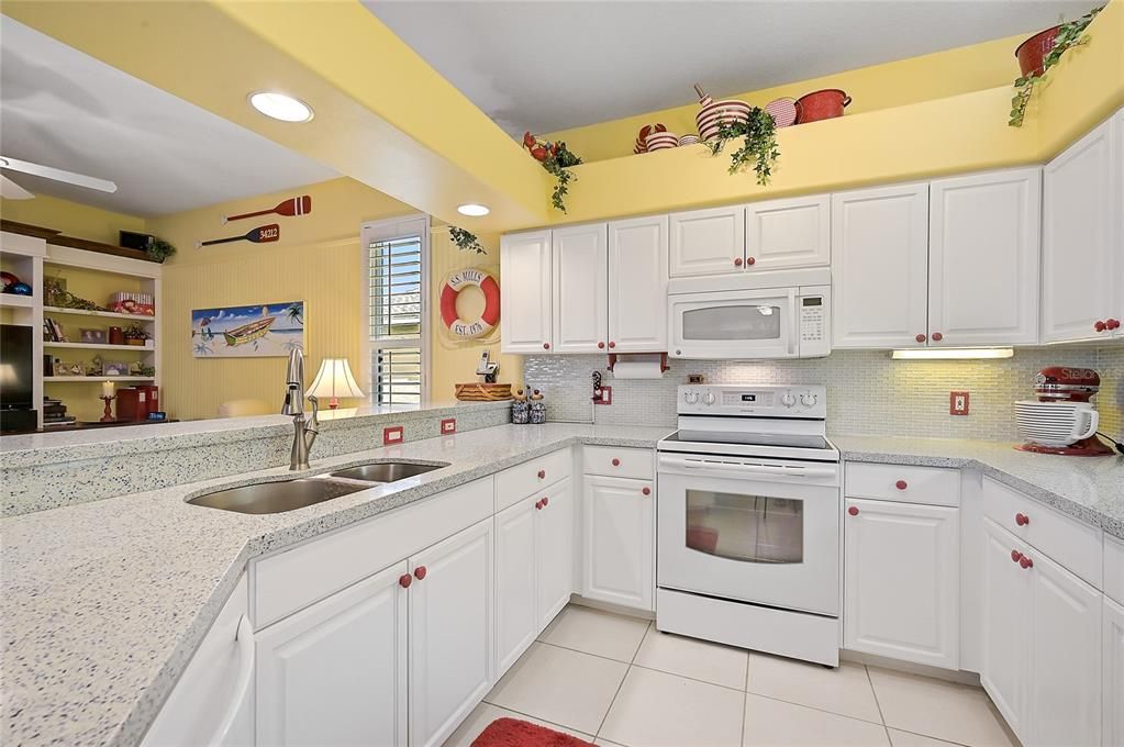 Kitchen, with beautiful, terrazzo style, non-porous, GEOS recycled glass counter tops.