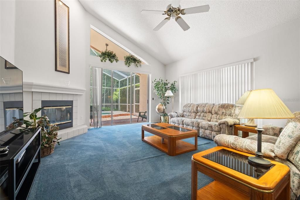 Living room has soaring ceiling and a wood burning fireplace.