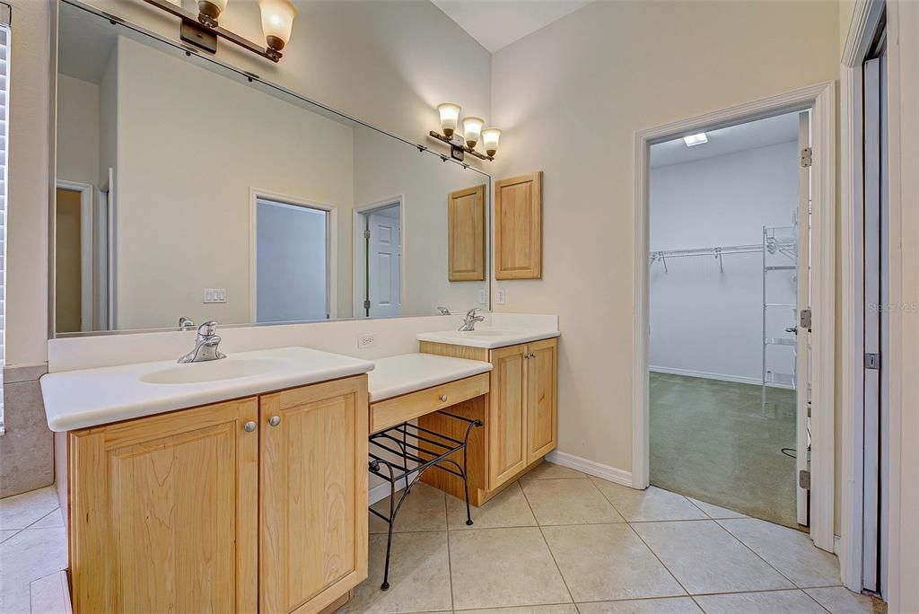 The mirror in the primary bathroom is large, and you have direct access to the walk in closet.