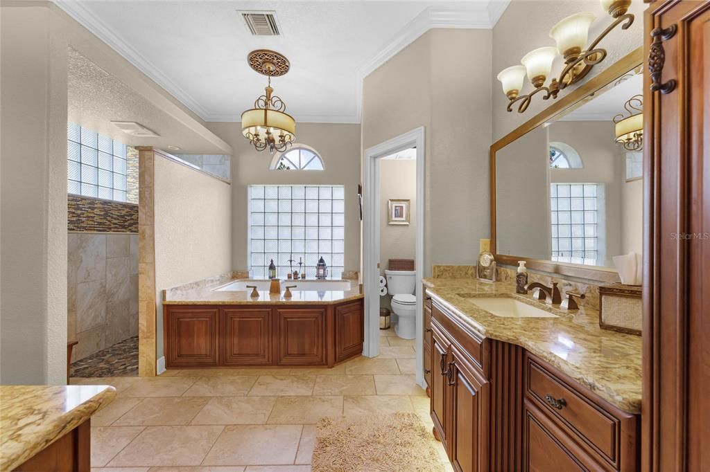 Primary bathroom, dual sinks, walk in shower, separate tub.