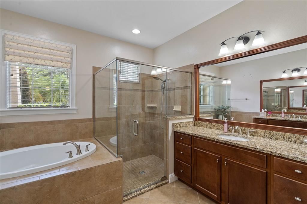 en-suite bath with a garden tub, glass-enclosed shower, and dual vanities