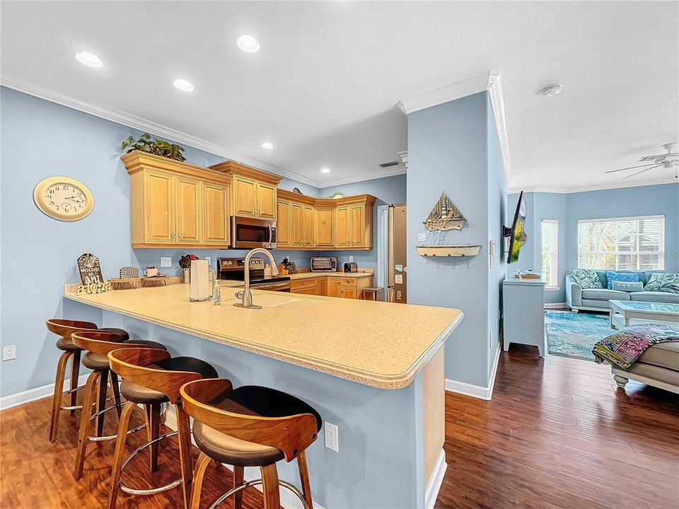 Open Kitchen with stainless appliances and solid surface countertops