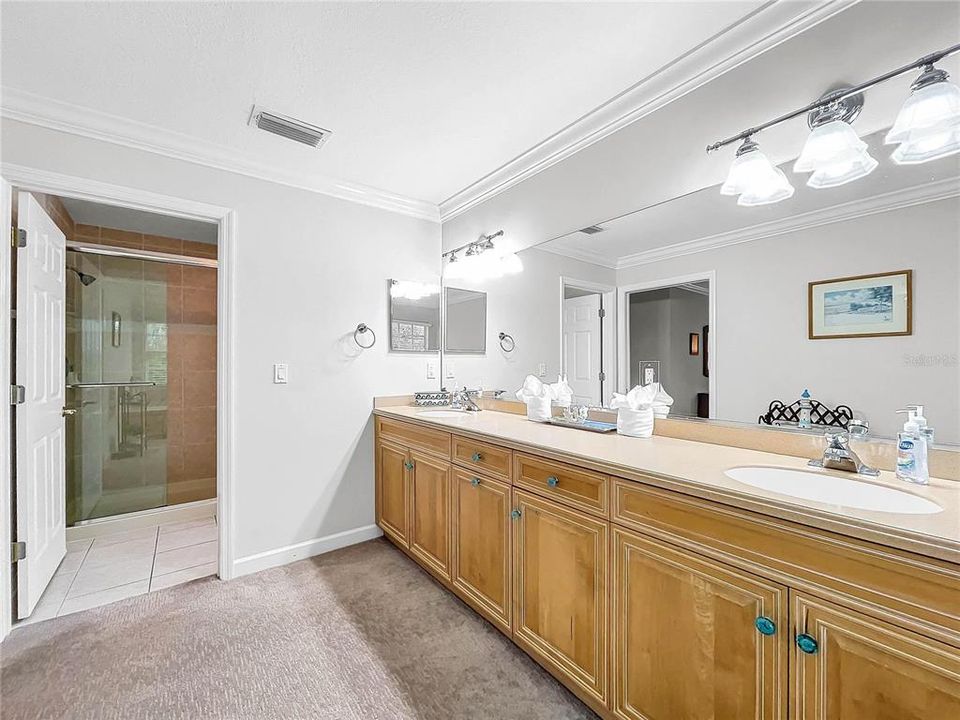 Primary bathroom with dual sinks and private shower area