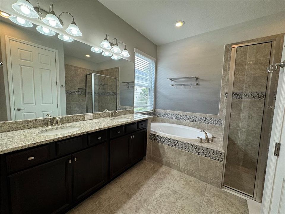 Master bath ensuite with dual vanity sinks, garden tub and walk in shower