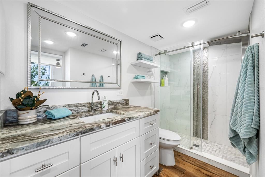 Custom Vanity. Designer oversized, walk-in shower with frameless shower door.