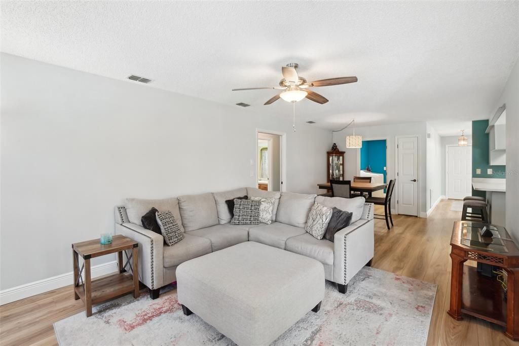 family room open to breakfast nook and eat in kitchen area