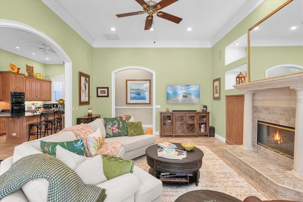 Gas fireplace in family room off the kitchen