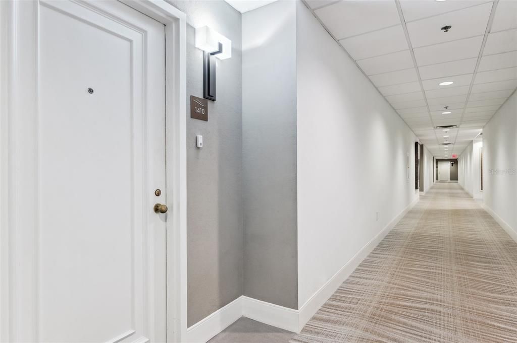 Hallway from elevator to your front door, the storage is across the hall and is very large and AC cooled!