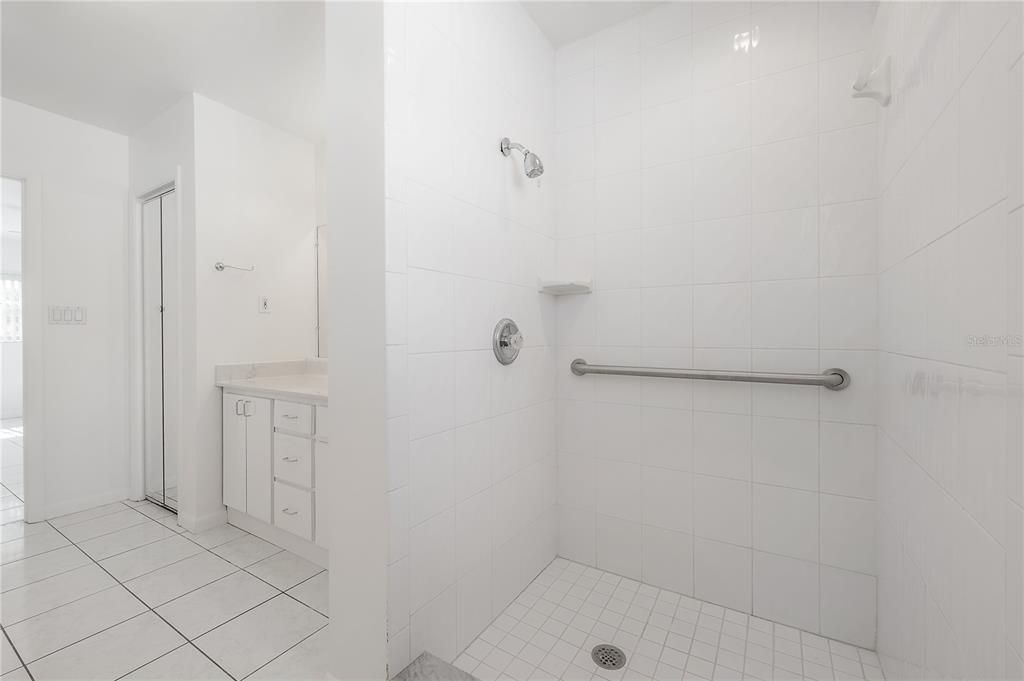 Primary Suite bathroom with linen closet, large vanity, and step-in shower