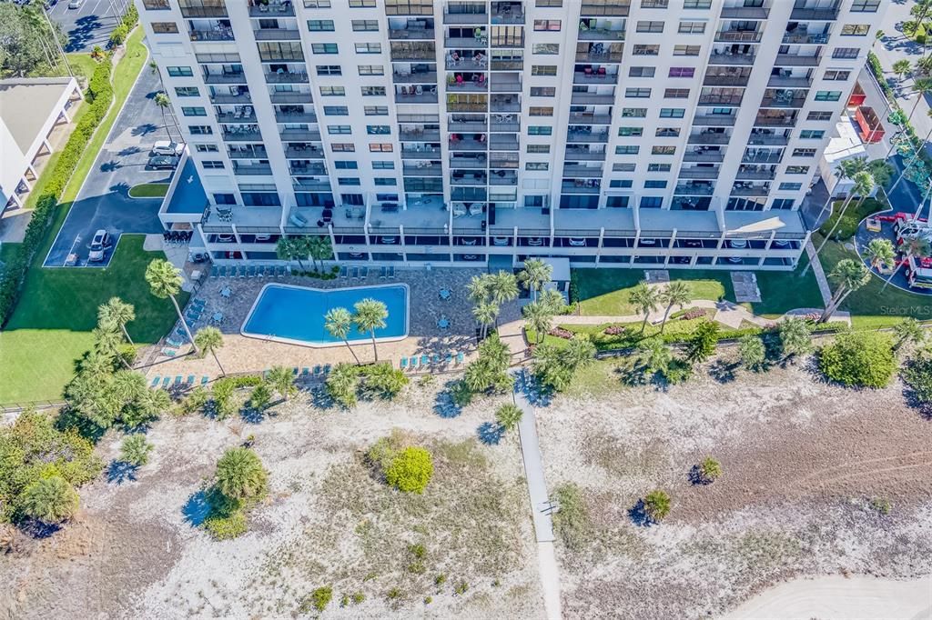 Aerial view of the pool and beach access area