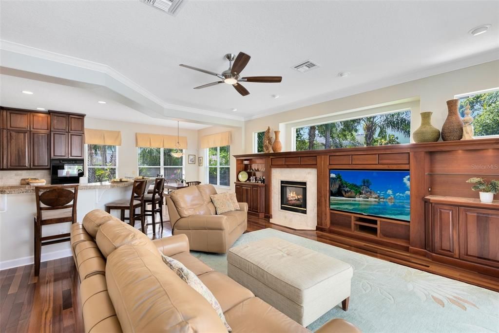 Family room with custom built-in cabinets and gas fireplace