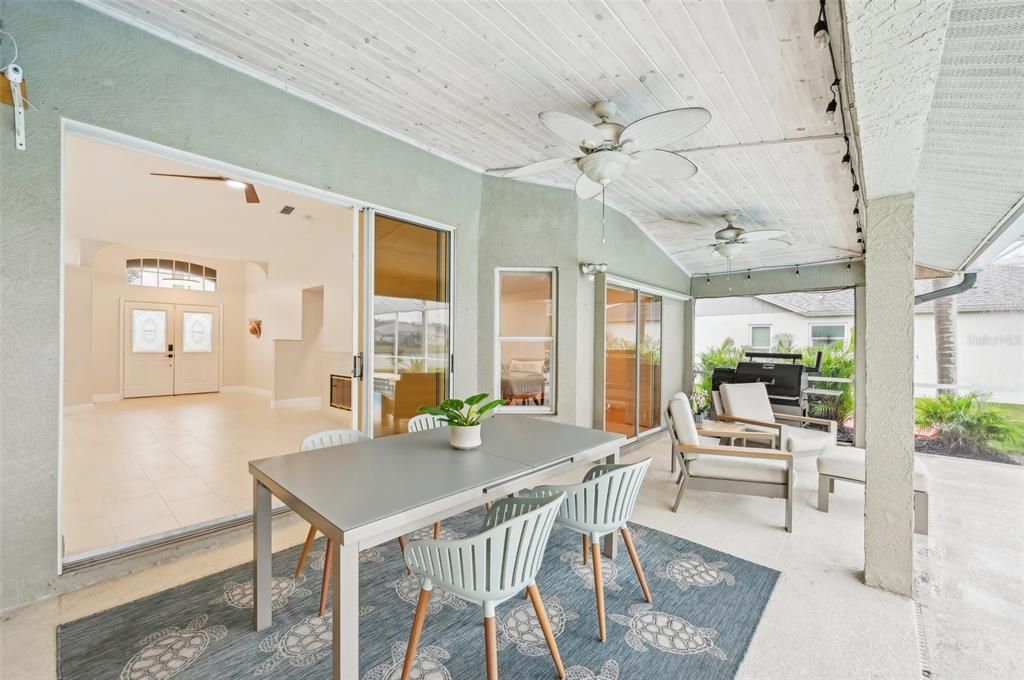 Large Lanai with shiplap ceiling detail