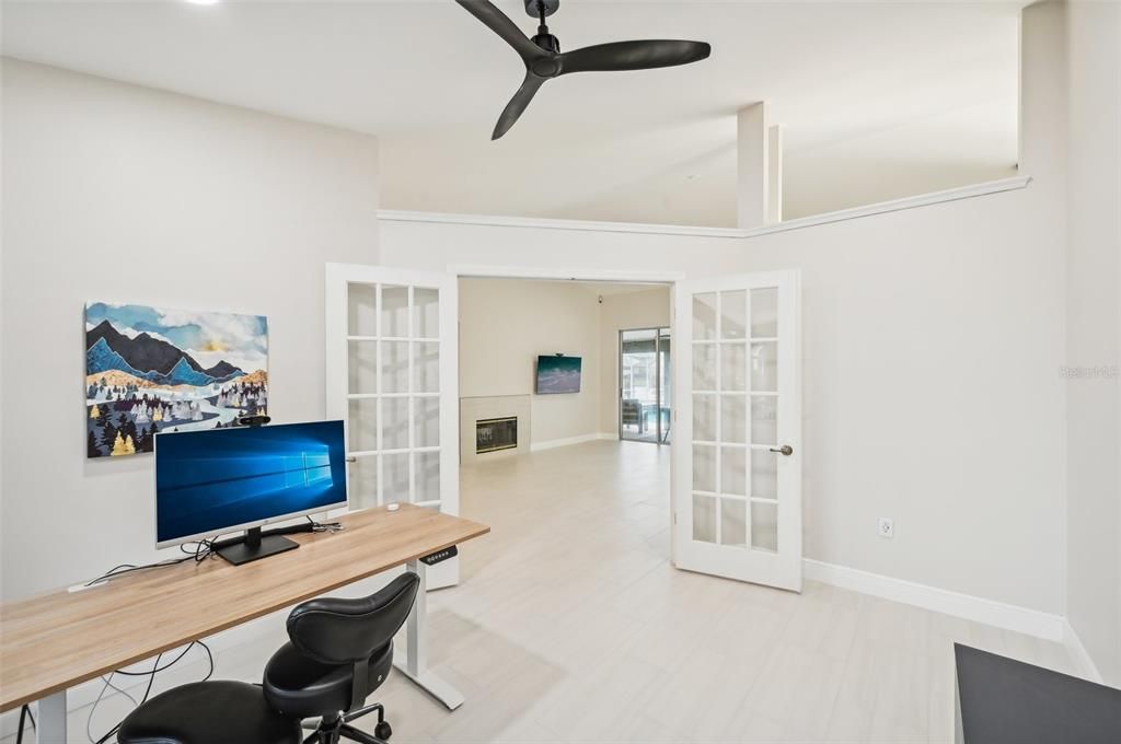 Home Office / Den with French Doors & nice view of front landscape