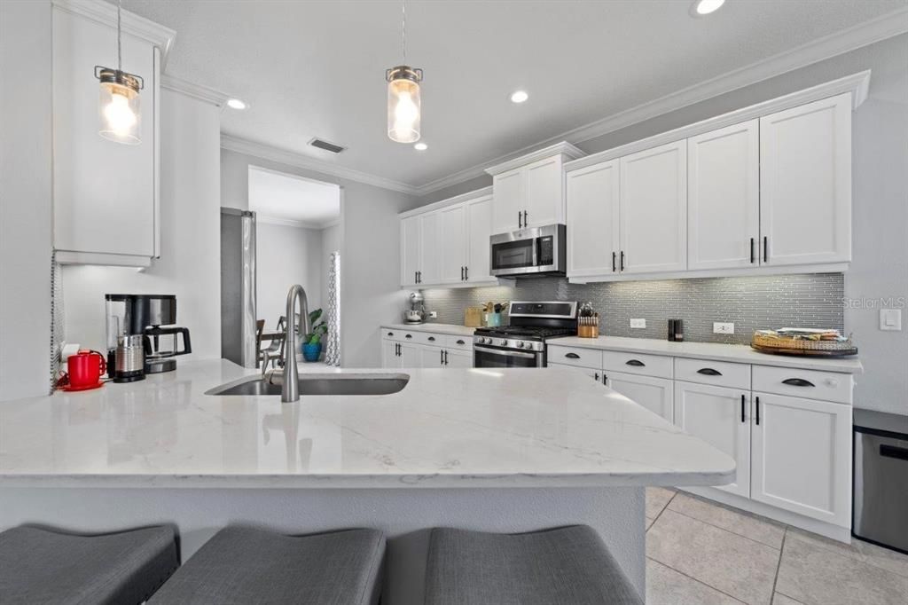 Spacious kitchen featuring ample cabinetry, stainless steel appliances, and a stunning backsplash.