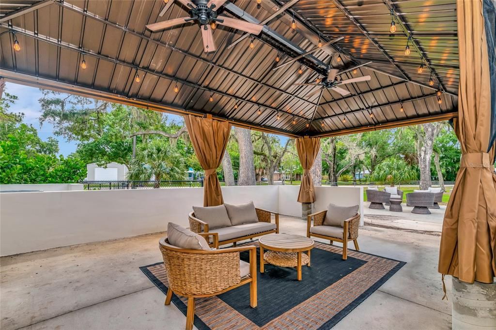 Pergola with metal roof and lights