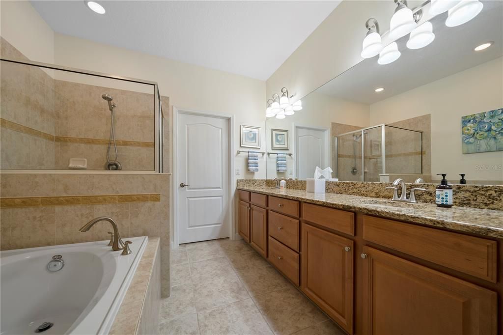 Master bath includes ample counter and storage space and a large walk-in closet