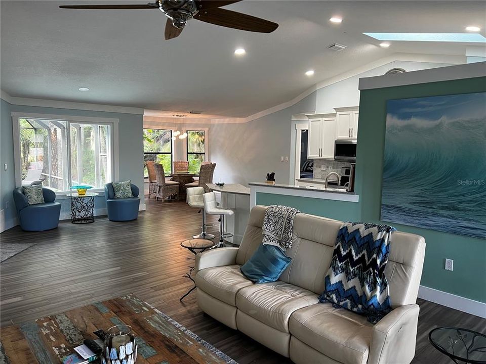 Living Room with views into the kitchen