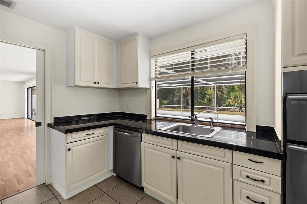 kitchen with views to pool