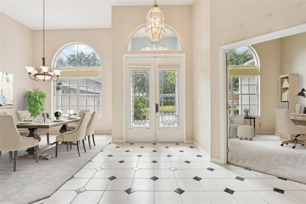 Foyer, Formal Dining and Office/5th Bedroom from Formal Living. 13 FT CEILINGS!