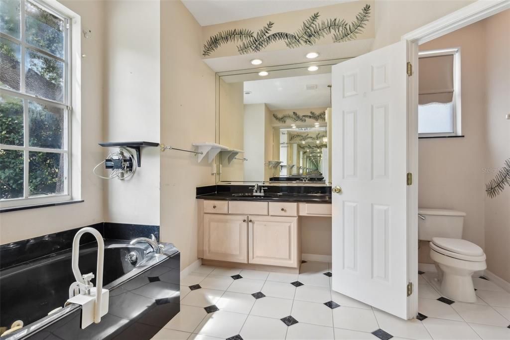 Primary Bath, Marble Countertops, Double Vanity, Jetted Garden Tub and Separate Stand-up Shower