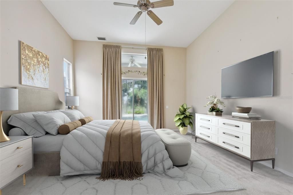 Primary Bedroom with 13 Ft Ceilings and Direct access to pool